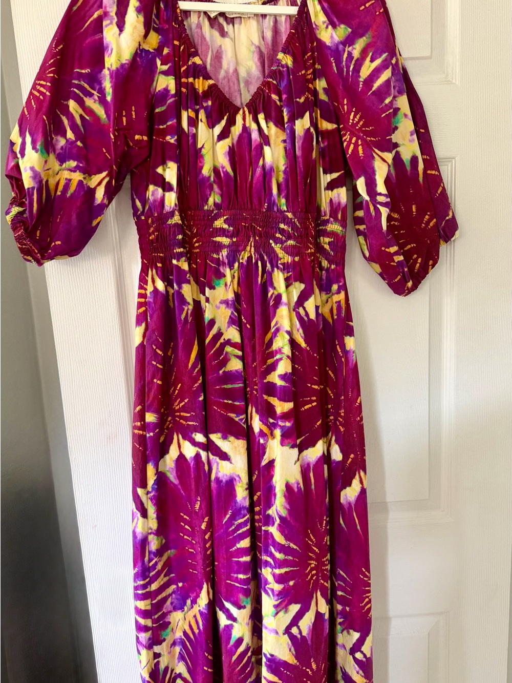 Marie Oliver Ava Dress Purple Yellow Tie-Dye Puff Sleeve Maxi M retail $450